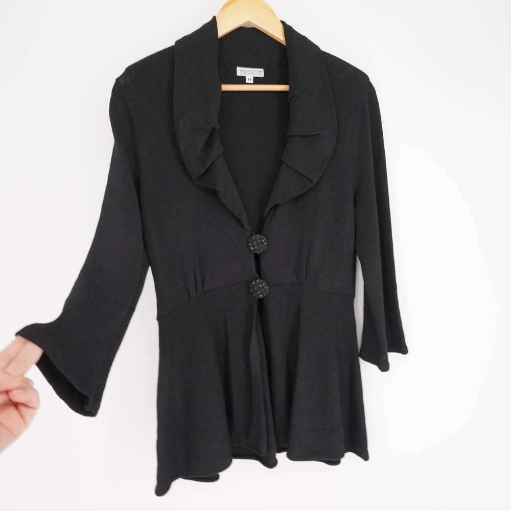 Ball of Cotton Hand Loomed Cardigan Womens M Black Peplum Pleated Collar Jacket - Picture 11 of 13